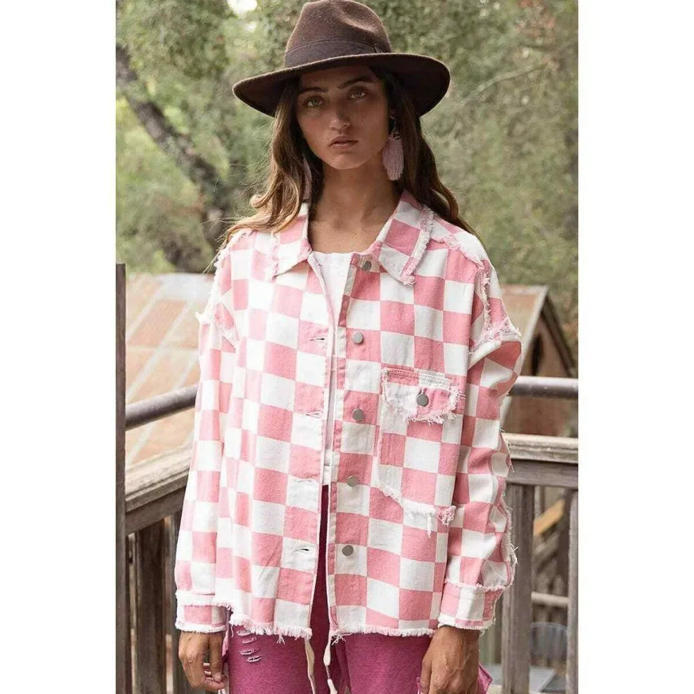 POL Clothing Pink and White Denim Checkered Race Check Shacket New S-L YWT7 - Picture 6 of 8
